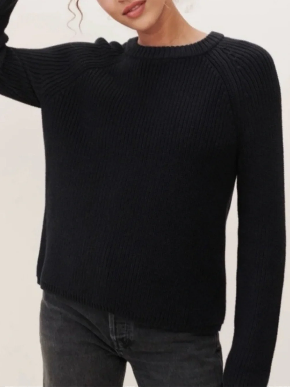 Jenni Kayne Fisherman Sweater Med Black Cotton Chunky Knit Crew Pullover Minimal